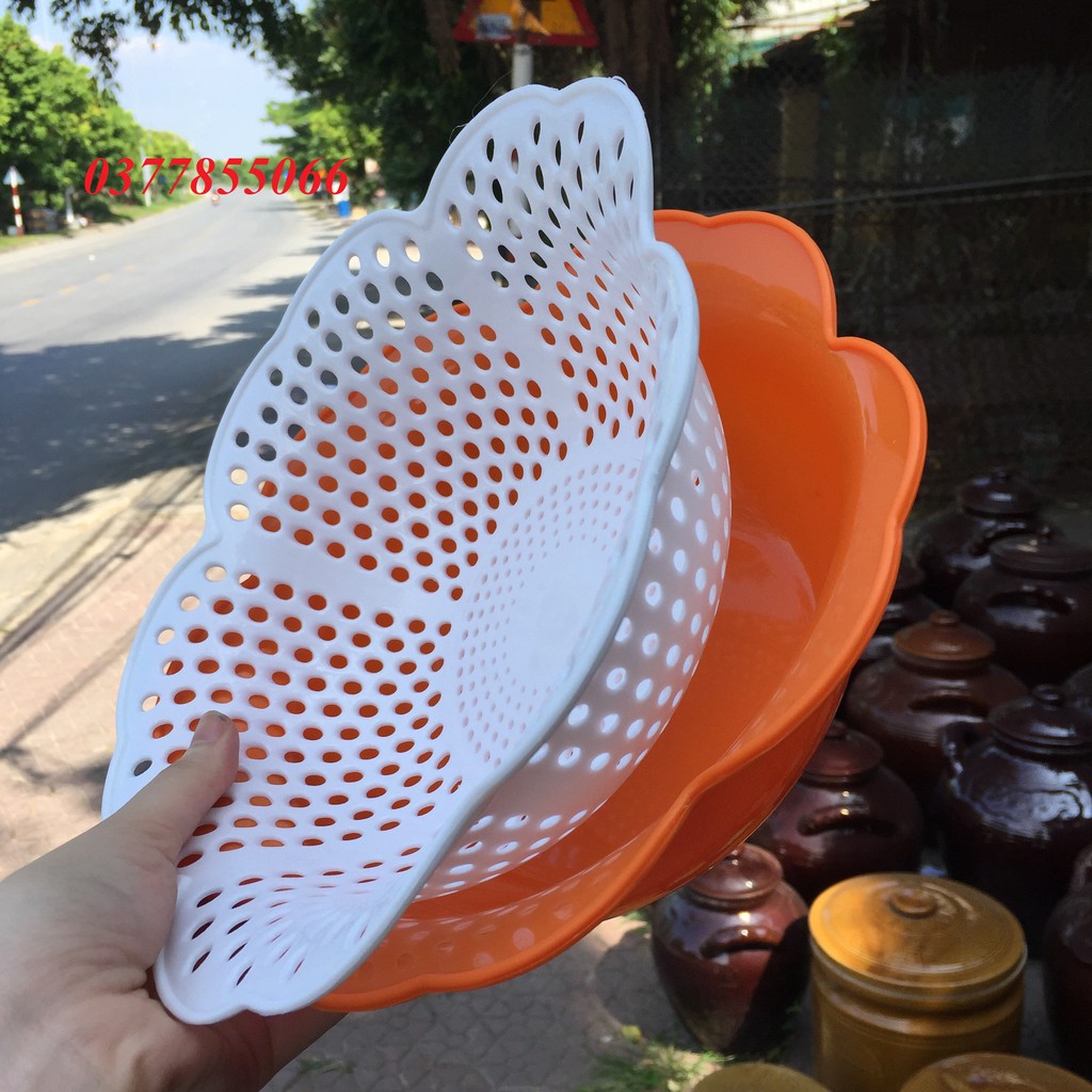 Bộ thau rổ đựng hoa quả, rau hình bông hoa mai kích thước 30*15cm (có tách riêng rổ để dóc nước) tiện lợi cho gia đình