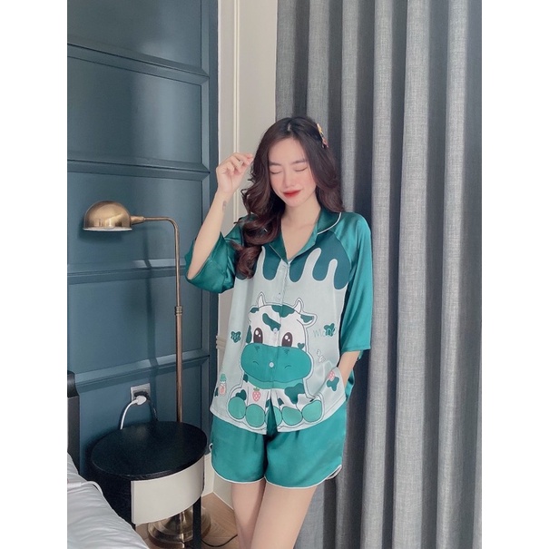 Bộ lụa satin thiết kế 3D quần đùi