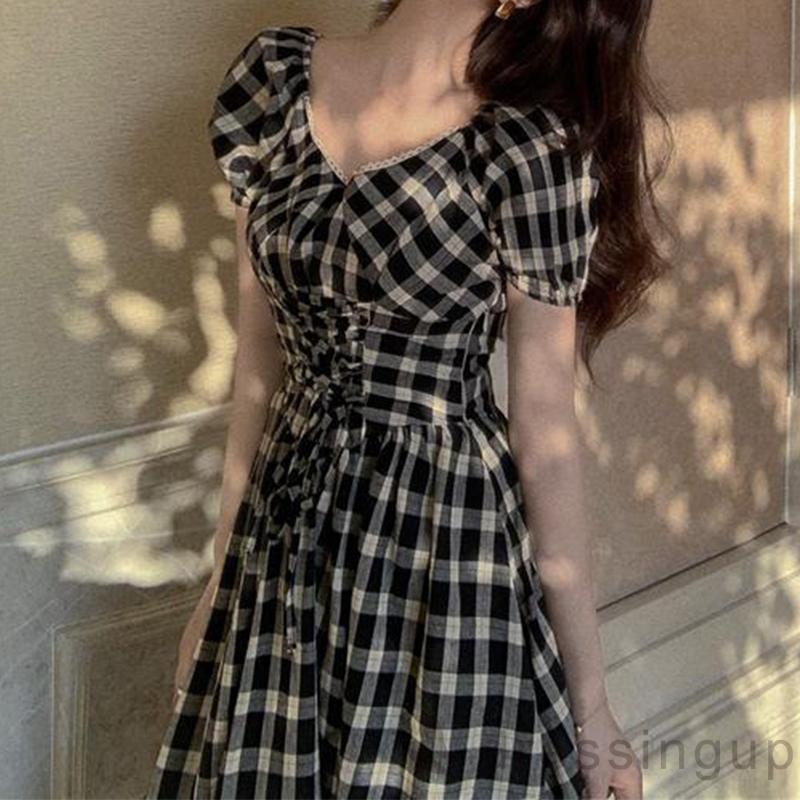 Đầm Nữ Ngắn Tay Cổ Chữ V Họa Tiết Sọc Ca Rô Thời Trang