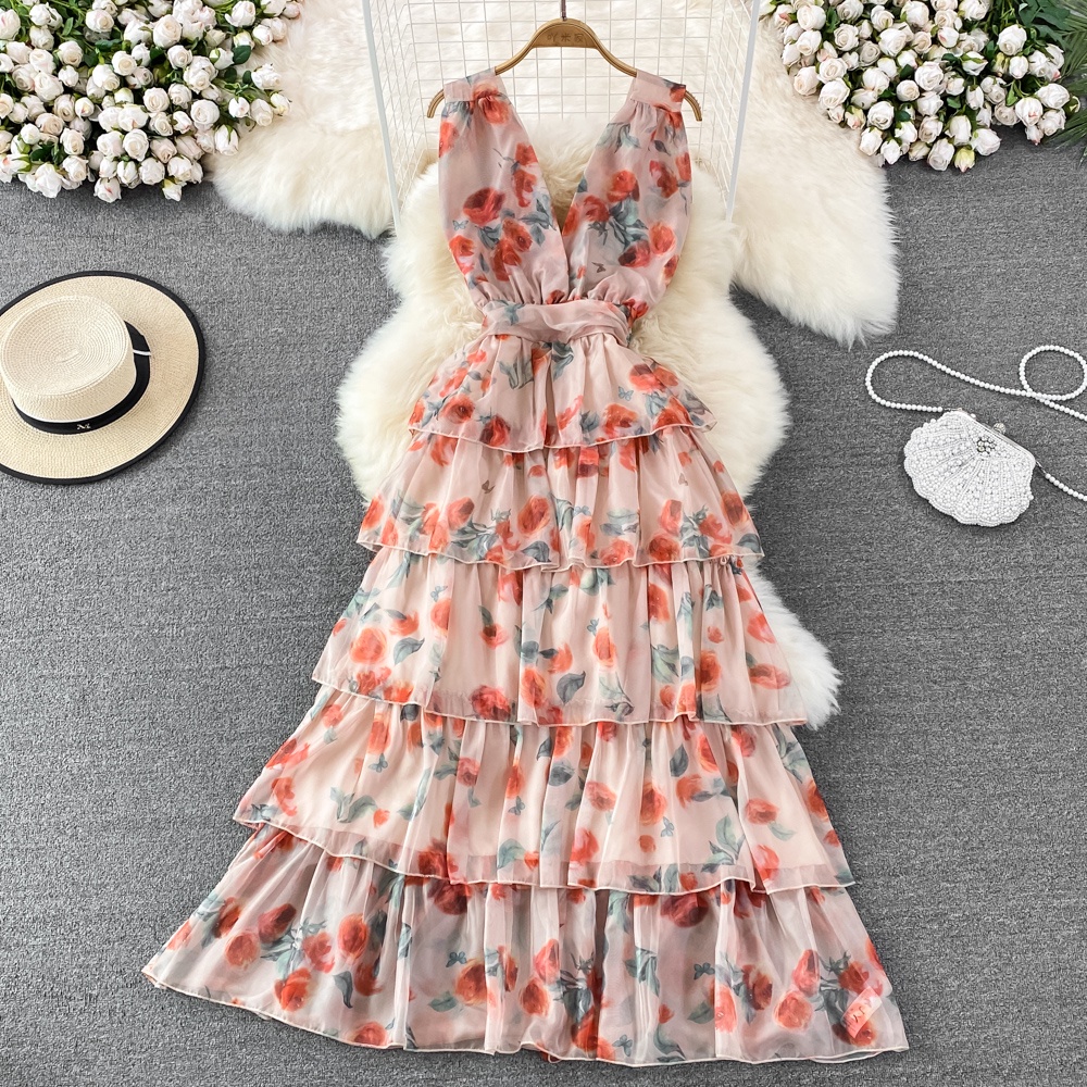 Đầm cổ V không tay chất voan họa tiết hoa có size