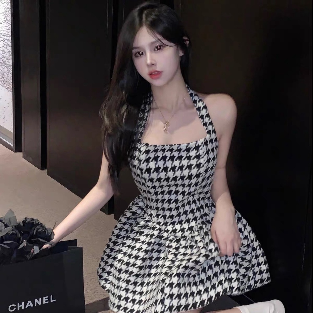 Váy Dạ Nữ 2 Dây Dáng Xòe Ulzzang, Đầm Chất Dạ Họa Tiết Kẻ