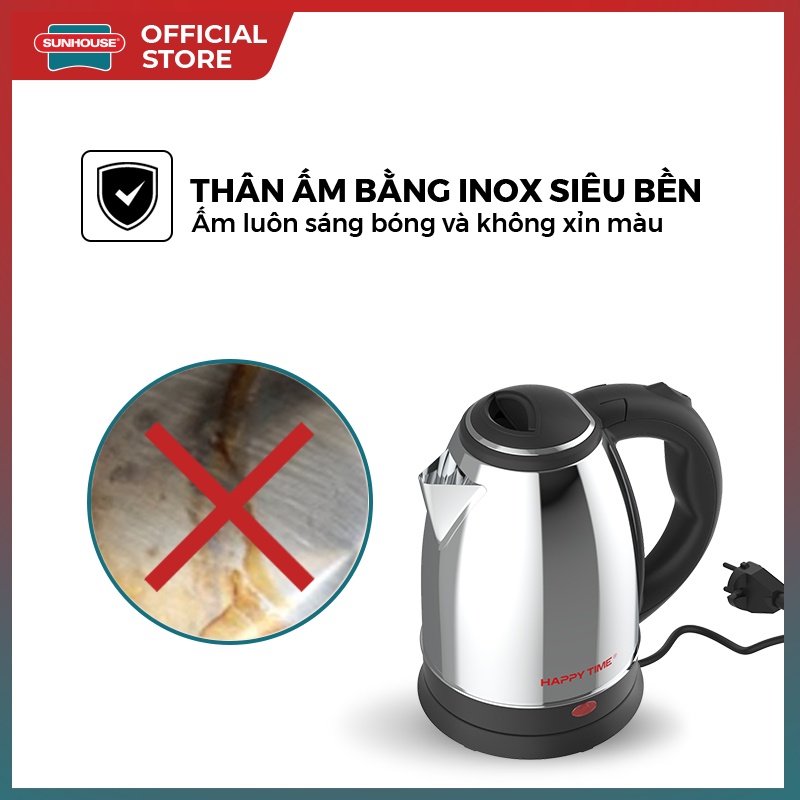 Ấm đun siêu tốc 1.5L Happy Time HTD1055 - Tư ngắt an toàn khi nước sôi & trào - Inox cao cấp - Tay cầm nhựa siêu bền