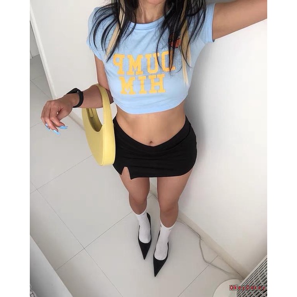 Áo Thun Mùa Hè Ôm Dáng Cổ Tròn Tay Cộc In Chữ Gợi Cảm Cho Nữ