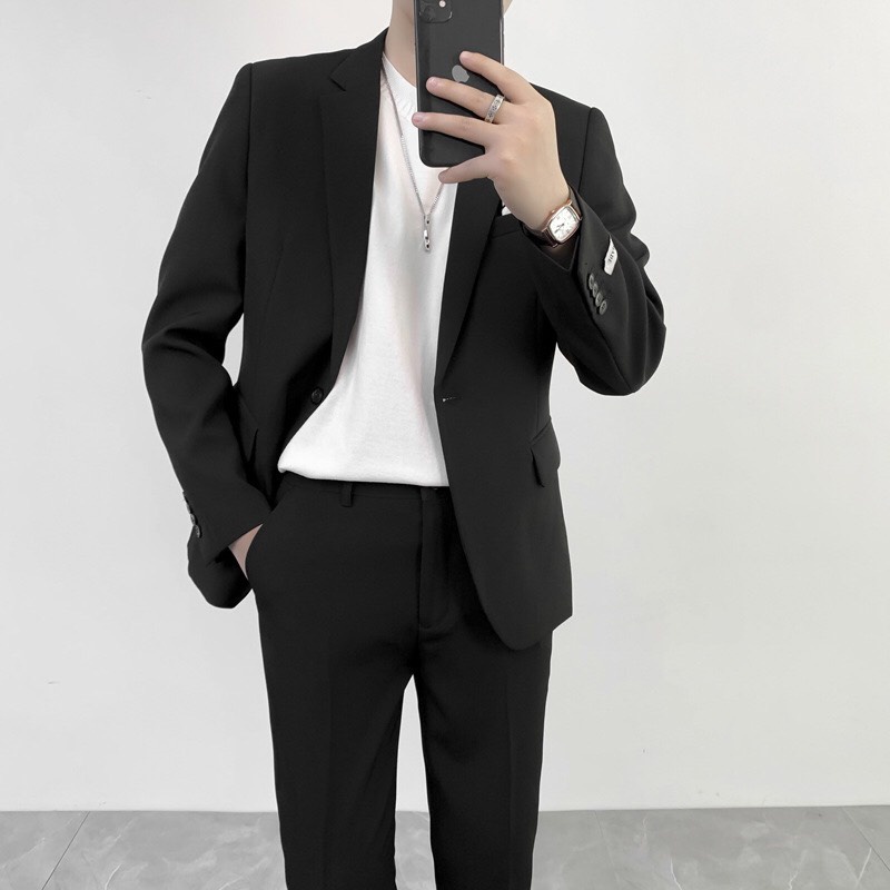 Áo khoác blazer nam form rộng hàn quốc màu đen, kem 2 khuy cài thương hiệu AZILA