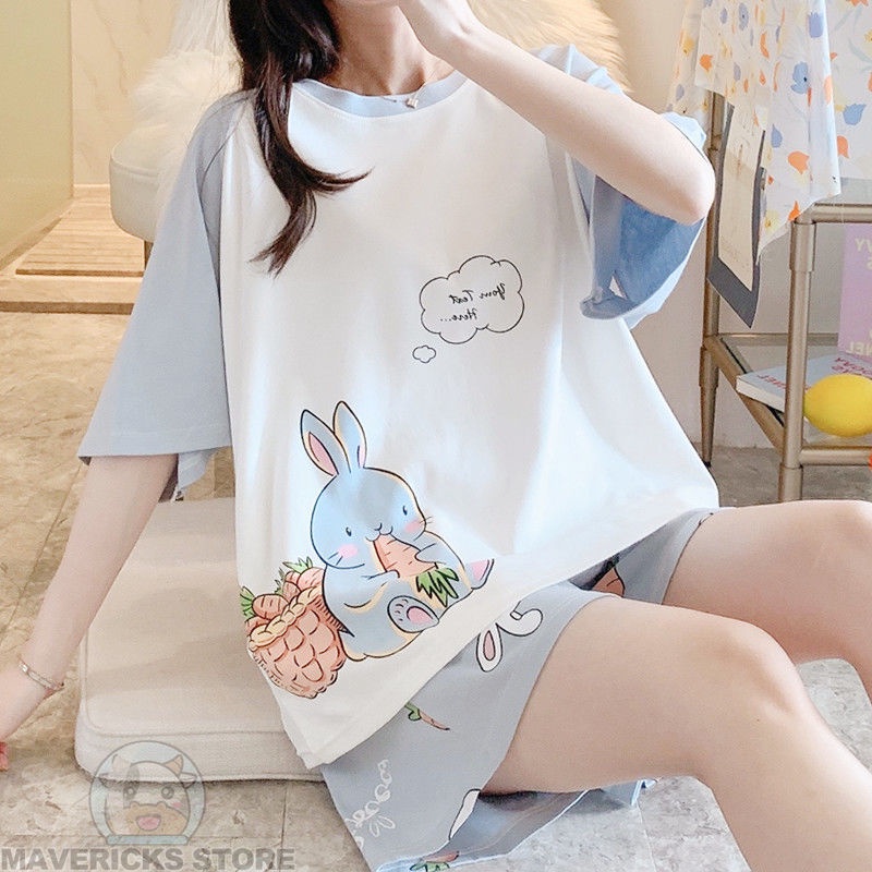 Bộ Đồ Ngủ Tay Ngắn Vải cotton Mỏng In Hoạt Hình Thời Trang Mùa Hè Cho Nữ