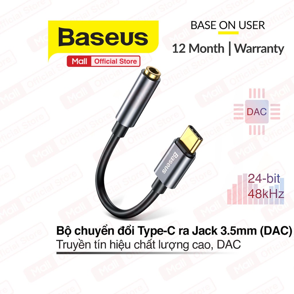 Bộ chuyển đổi Baseus L54 từ Type-C Male to 3.5mm truyền tín hiệu chất lượng cao 24bit 48kHz