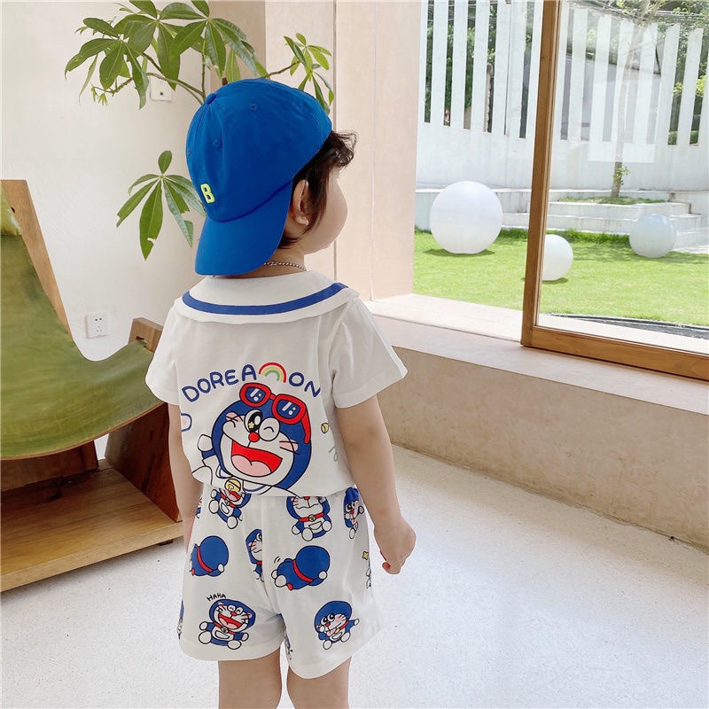 Váy / Set đồ phối trắng xanh hoạ tiết Doraemon cho bé gái &amp; bé trai (Cao 90-140cm, nặng 10-30kg) N00867