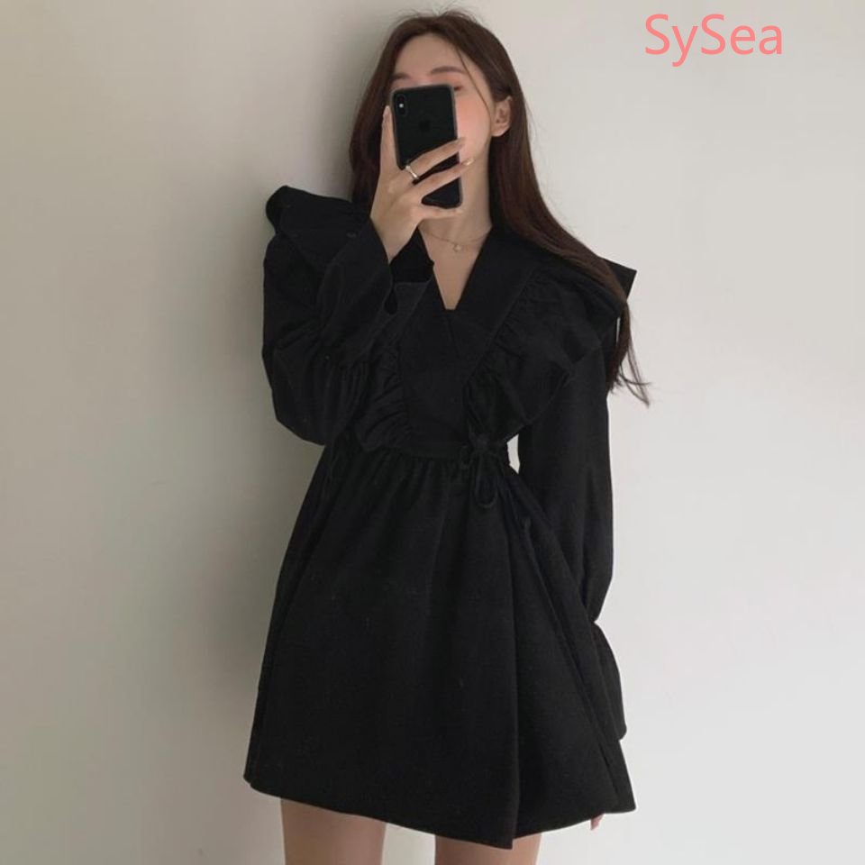 Đầm Dự Tiệc Cổ V Phối Bèo Kiểu Vintage Thời Trang Mùa Thu Cho Nữ