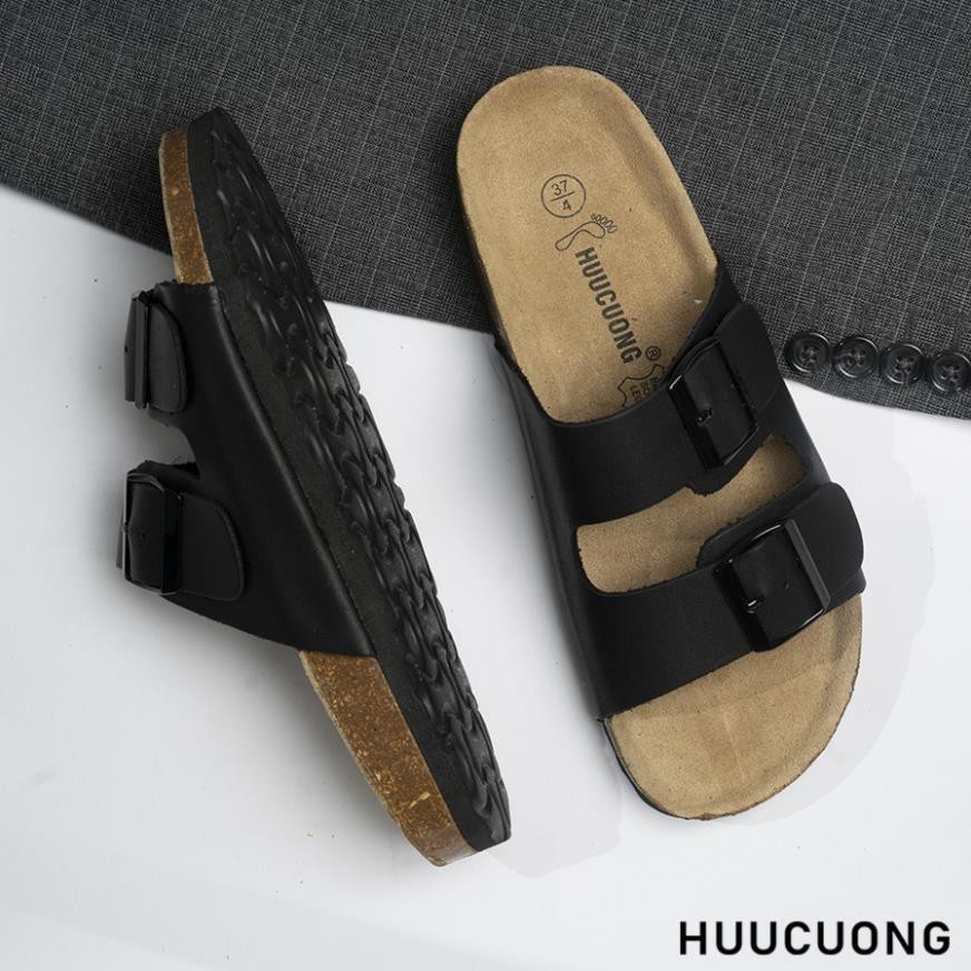 Dép unisex 2 Khóa HUUCUONG Quai Da Thật Màu Đen Đế Trấu