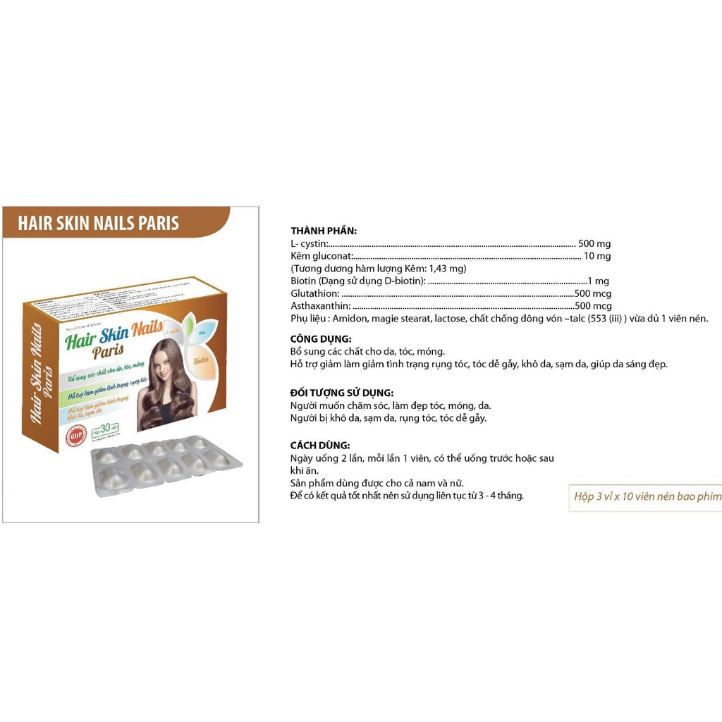 Viên uống Hair Skin Nails Paris giúp tóc chắc khỏe, tăng dưỡng chất cho móng, da - Hộp 30 viên