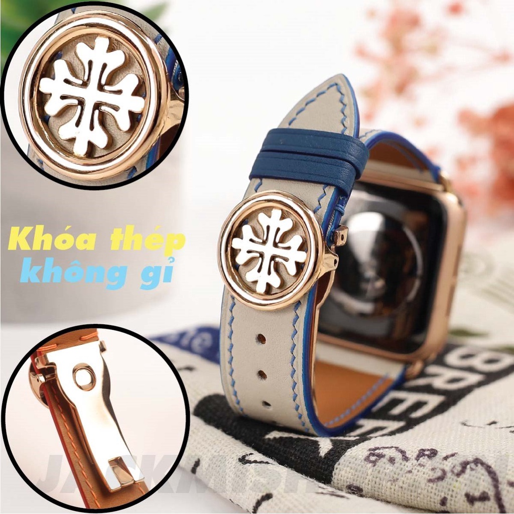 [DÂY DA THẬT] DÂY DA BÊ SWIFT MAY TAY THỦ CÔNG MÀU KEM CHỈ XANH KHÓA PATEK CHO APPLE WATCH SERIES 1=&gt;6 (BẢO HÀNH 1 NĂM)