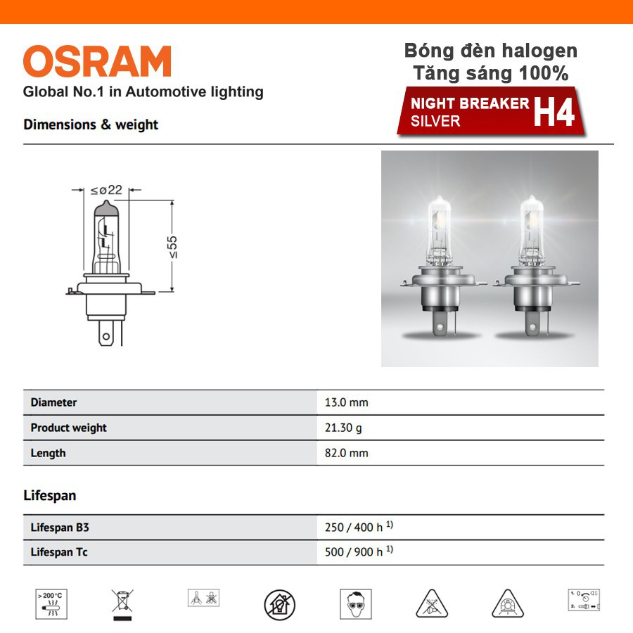 Bóng đèn halogen tăng sáng 100% OSRAM NIGHT BREAKER SILVER H4 12v 60/55w