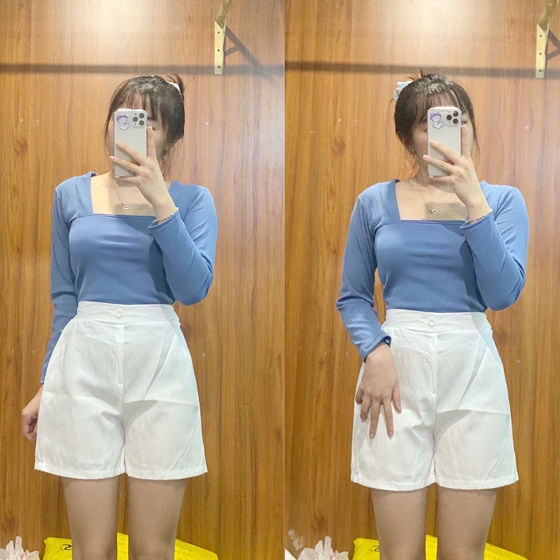 Áo crop cổ U xanh tay dài (hình chính chủ)