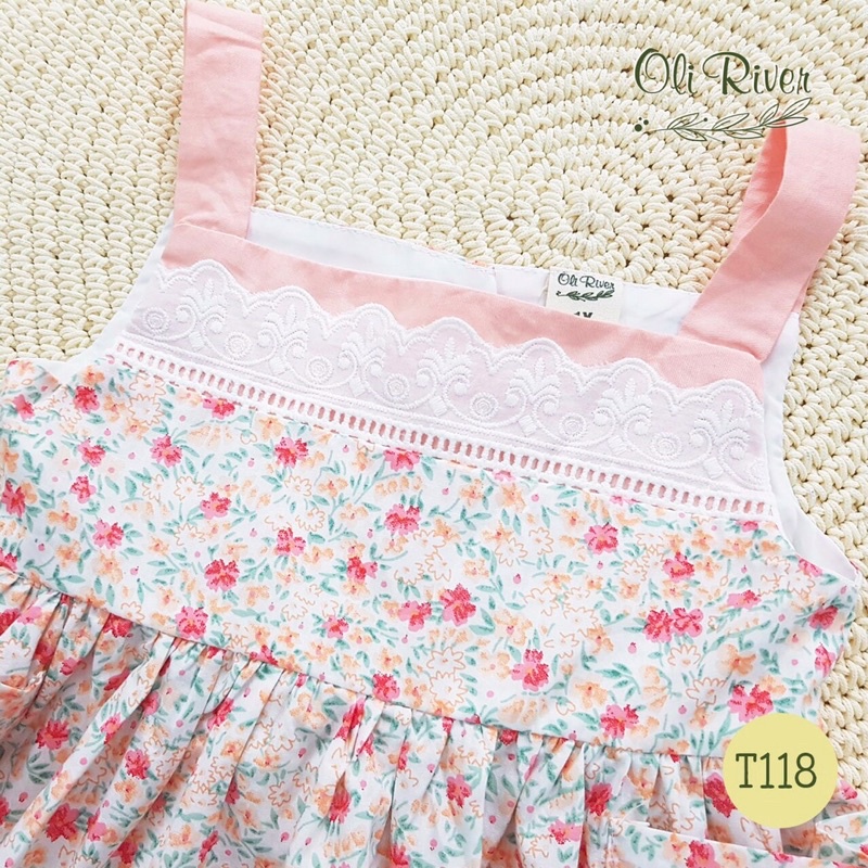 Đầm Oli River 2 dây hoa san hô hồng 1-8y