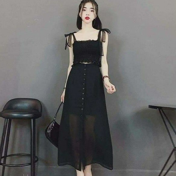 Chân váy chữ A vôn xẻ phối nút