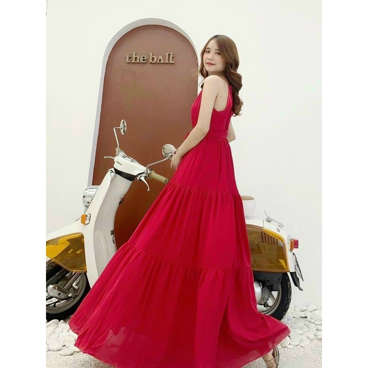 Đầm Maxi Dáng Dài Đi Biển Yếm 2 Dây Có Kèm Thắt Lưng Tôn Dáng Voan Tơ Có Lót Trong