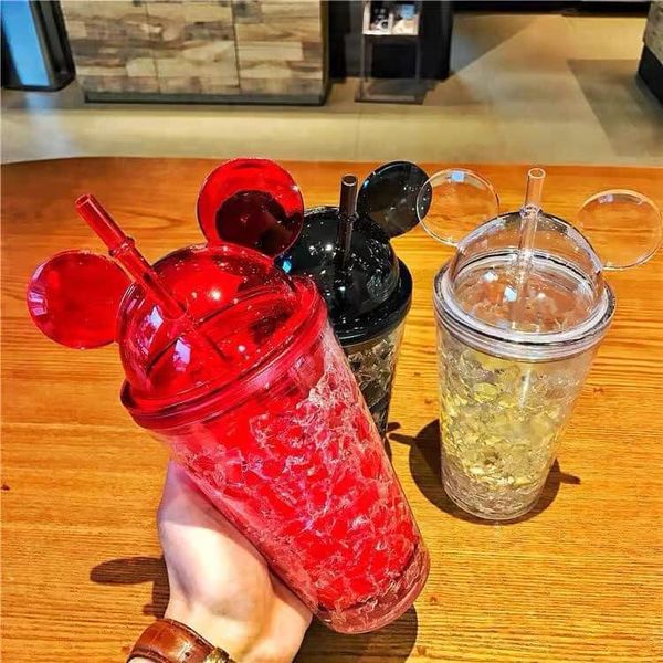Cốc uống nước mickey kèm ống hút thiết kế 2 lớp giữ nhiệt ép đá lấp lánh