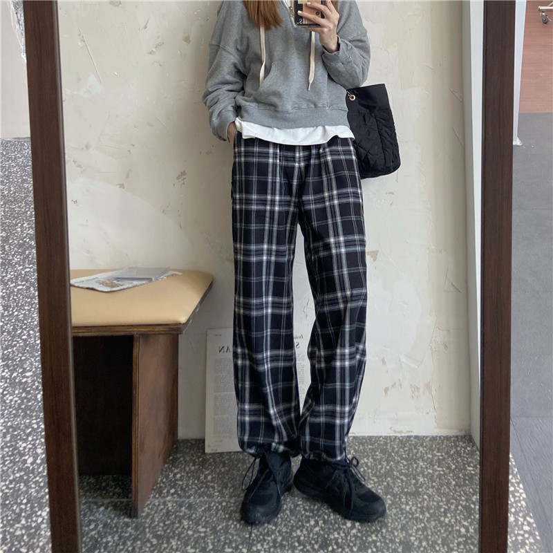 Plaid trousers, women's women's trousers, casual pants, women's thin, versatile, high-waist, drape wide-leg pants