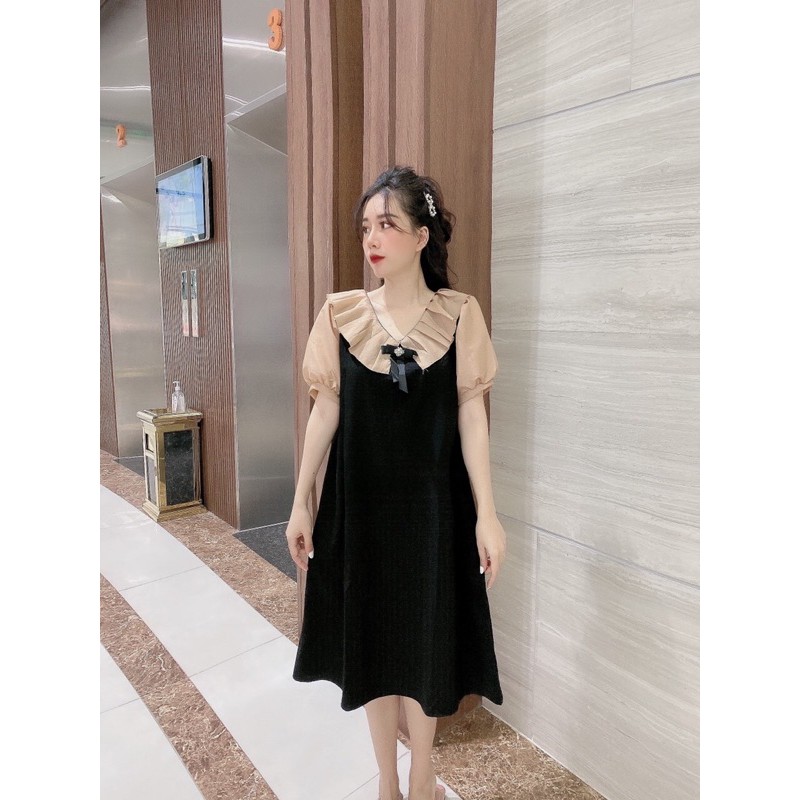 Váy suông phối tay cổ xếp ly đính nơ xinh xắn | BigBuy360 - bigbuy360.vn