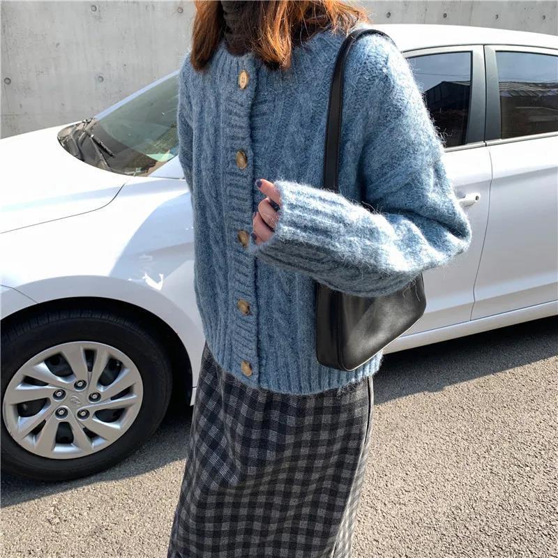 Chân váy dài qua gối lưng thun bằng len dày dặn họa tiết sọc caro phong cách Hàn Quốc cổ điển