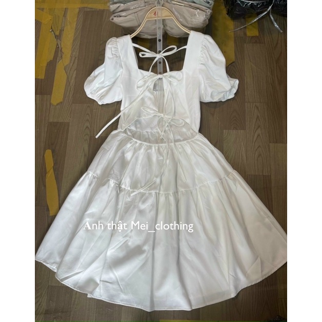 [Ảnh thật/video] Váy babydoll trắng kiểu buộc dây hở lưng quyến rũ