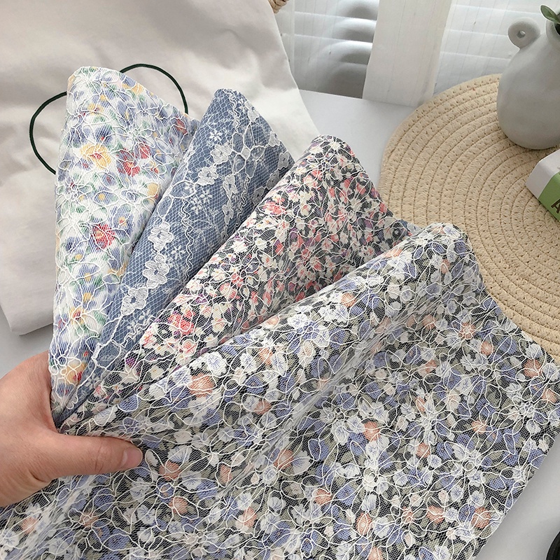 Summer retro lace stitching floral high waist A-line bag hip mini skirt