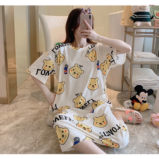 Váy ngủ cotton dáng suông cộc tay mềm mịn thoáng mát dễ thương VN-02 ( GẤU VÀNG)