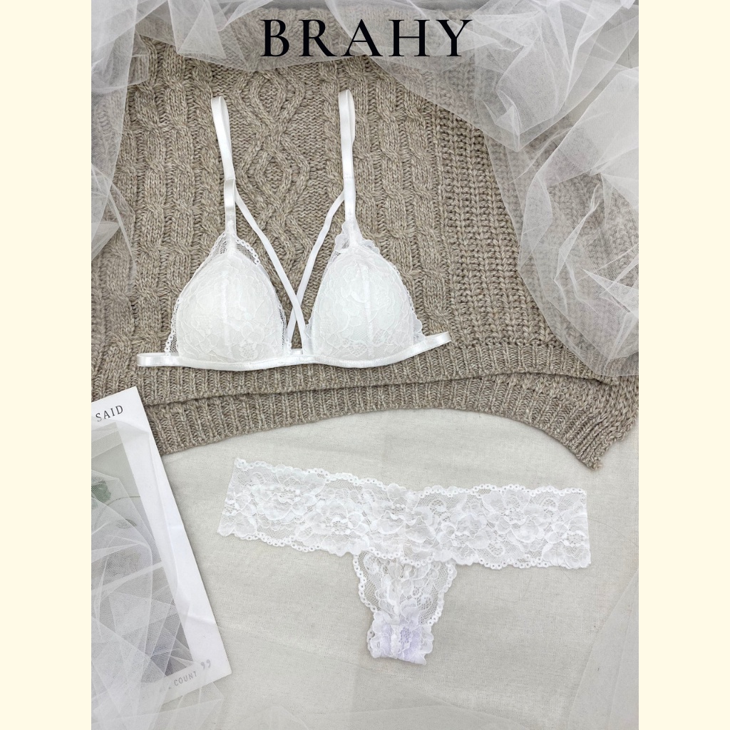 Đồ lót ren sexy màu trắng có dây ôm ngực nguyên set gồm áo + quần BRAHY 067