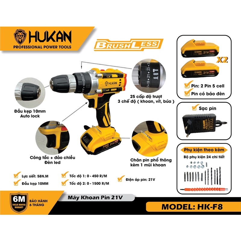 Máy khoan pin Hukan F8 3 chức năng 21v chính hãng 2 pin siêu bền tặng bộ 24 chi tiết