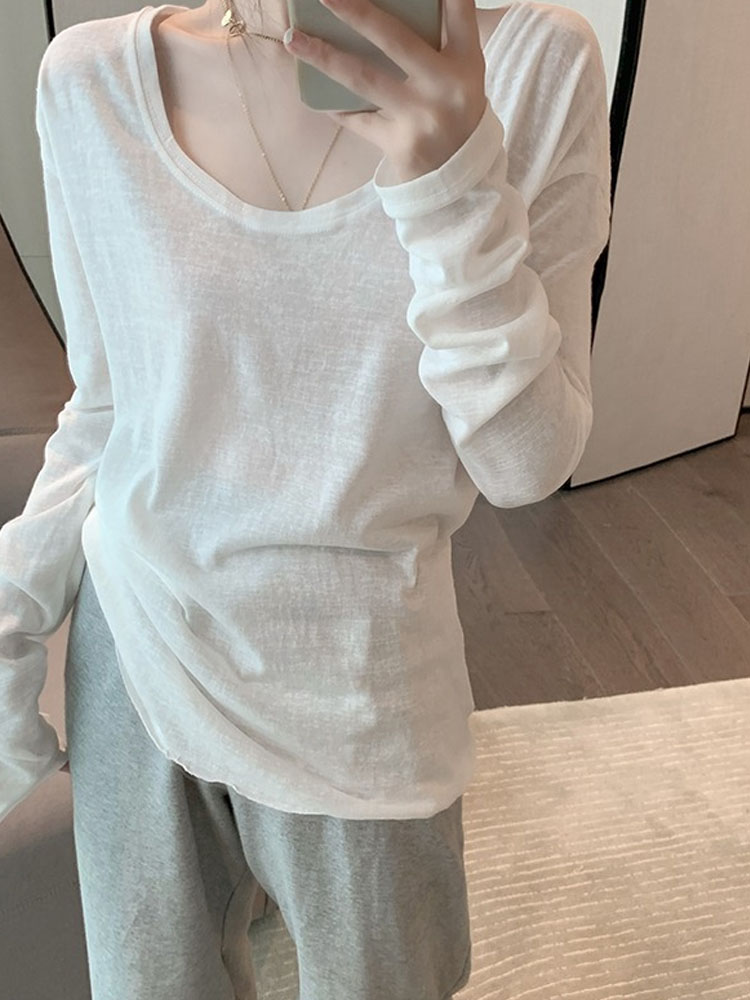 IELGY Áo Thun Tay Dài Cổ Tròn Dáng Rộng Màu Trắng Thời Trang Xuân Hè Mới Dành Cho Bạn Nữ