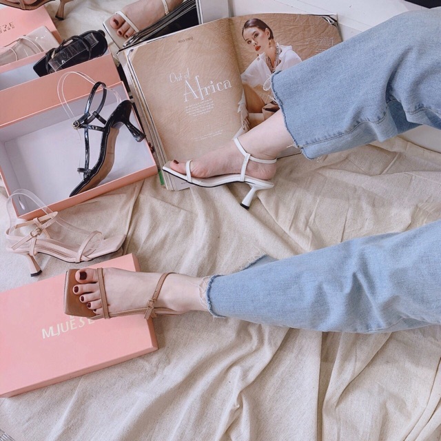 Sandal mũi vuông quai mảnh xéo eo gót 6p giaynu99