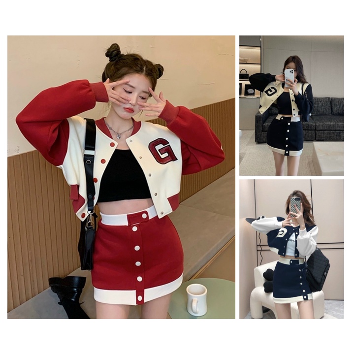 Set Nữ Áo Khoác Kiểu Croptop Thêu G Kèm Chân Váy Phong Cách Hàn Quốc 777set158