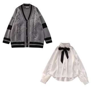 Set cardigan + áo sơmi tiểu thư (kèm nơ)