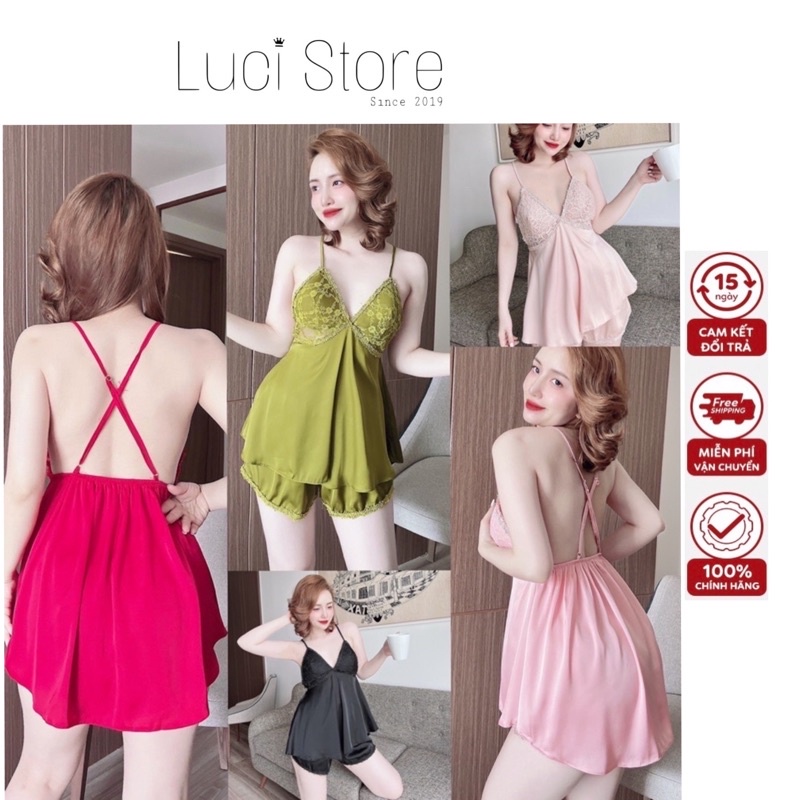 Đồ bộ nữ 2 dây sexy quyến rũ Lụa bigsize dưới 72kg mặc thoải mái - hở lưng phối ren cao cấp