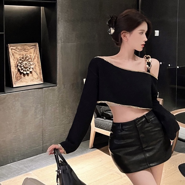 Áo Dệt Kim Trễ Vai Tay Dài Màu Đen Phong Cách Hàn Quốc