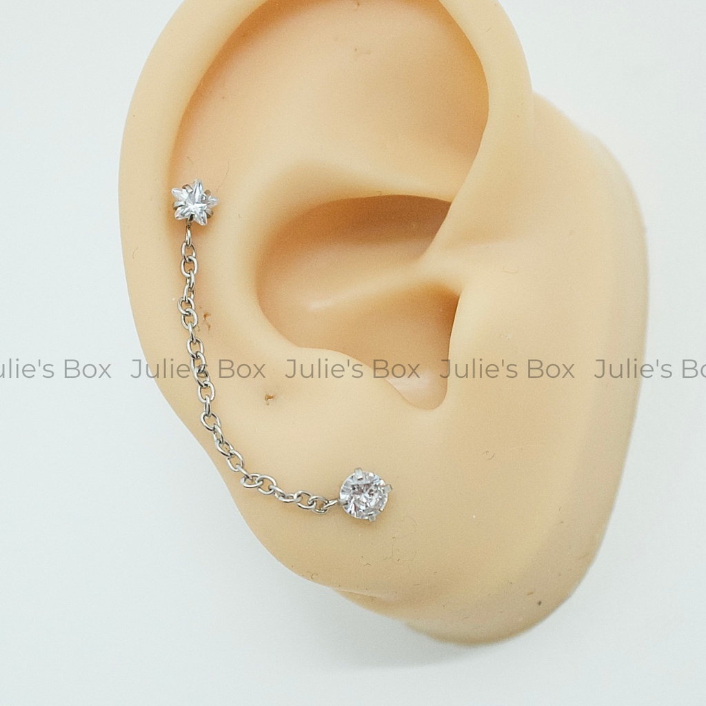 [1 Chiếc] Khuyên Tai 2 Lỗ Xỏ 1 Đá Ngôi Sao 1 Đá Tròn Dây Nối Titan Không Gỉ Sét Không Ngứa Không Đen Julies Box