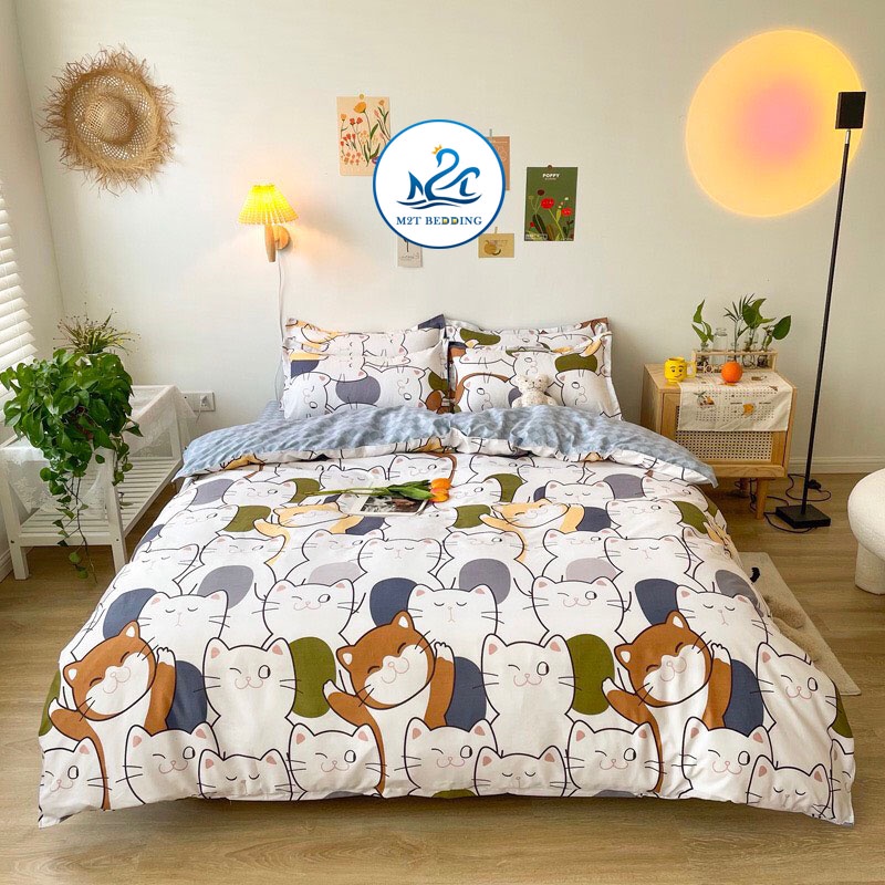 Bộ chăn ga gối Cotton poly M2T bedding vỏ chăn mền, drap ga giường và 2 vỏ gối nằm họa tiết mèo nhí nhố | BigBuy360 - bigbuy360.vn