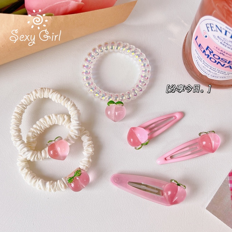 Dây Buộc Tóc Cao Su Họa Tiết Quả Đào Màu Hồng Dễ Thương Quyến Rũ Phong Cách Hàn Quốc