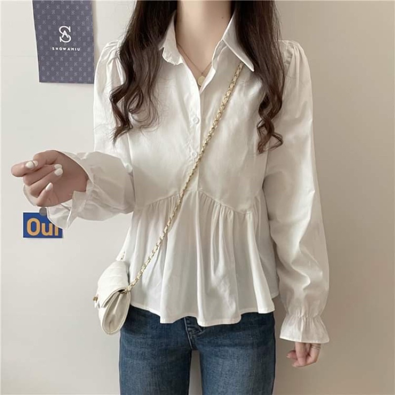 Áo sơ mi dáng babydoll dài tay cổ polo màu đen, trắng