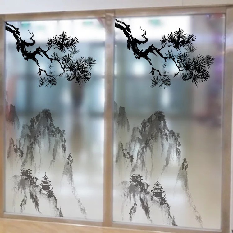 Decal trang trí kính cao cấp mẫu phong cảnh Sơn Núi và cành cây (60cm x 116cm)