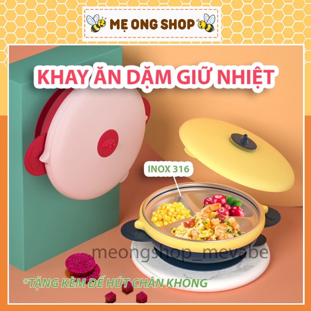 Khay ăn dặm chia ngăn Ckbebe inox 316 giữ nhiệt cao cấp, có đế hít, an toàn cho bé