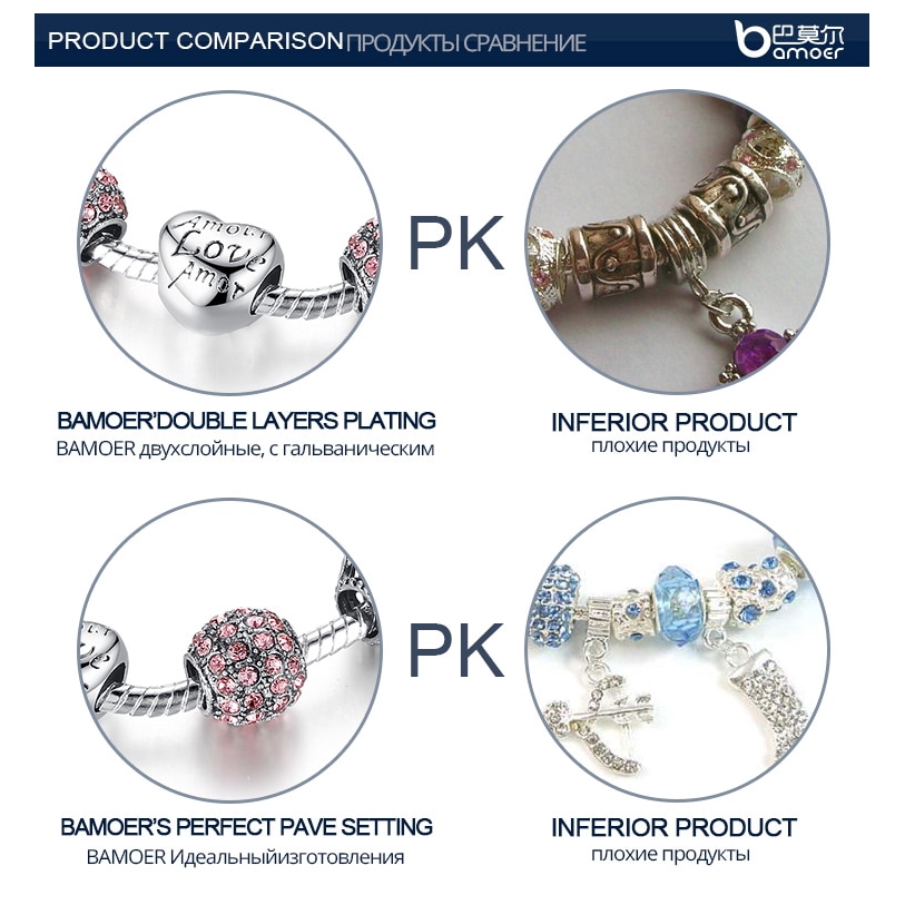 Vòng đeo tay Bamoer PA1455 đính hạt thủy tinh có 4 màu sắc dùng làm quà tặng trang sức thời trang cho nữ