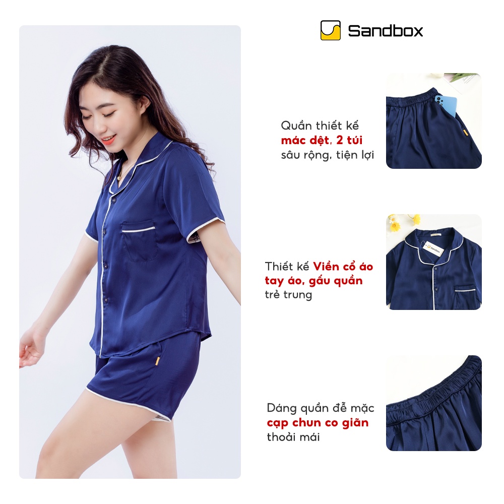 Đồ bộ nữ Pijama SANDBOX lụa satin Nhật mềm mát cho mùa hè tay cộc quần cộc phối viền tinh tế, trẻ trung(BLD22002)