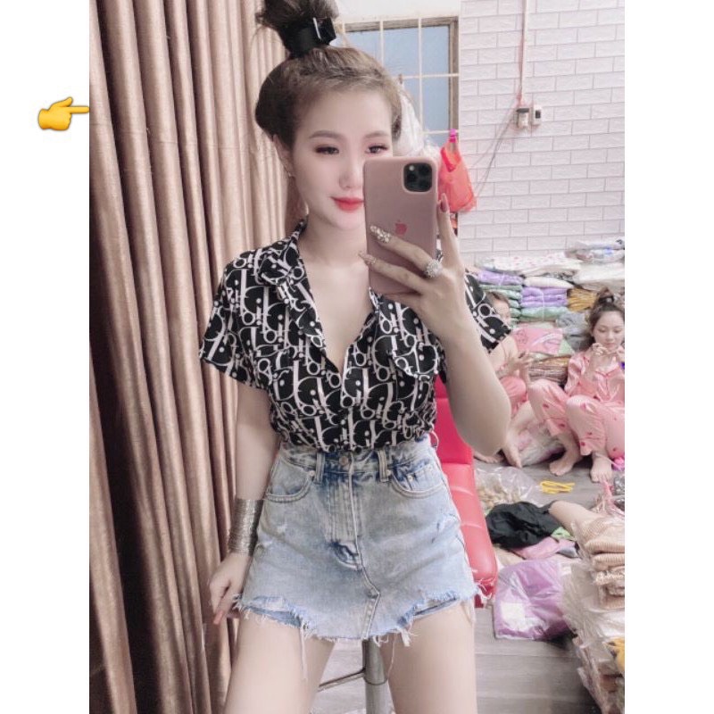 Áo somi kate hoạ tiết tay ngắn - HÀNG THIẾT KẾ CAO CẤP - B8U