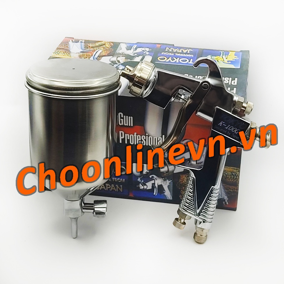 Súng phun sơn K100 Tokyo với béc phun 1.3mm 8 lỗ phun sơn kèm cốc sơn inox có chân gác