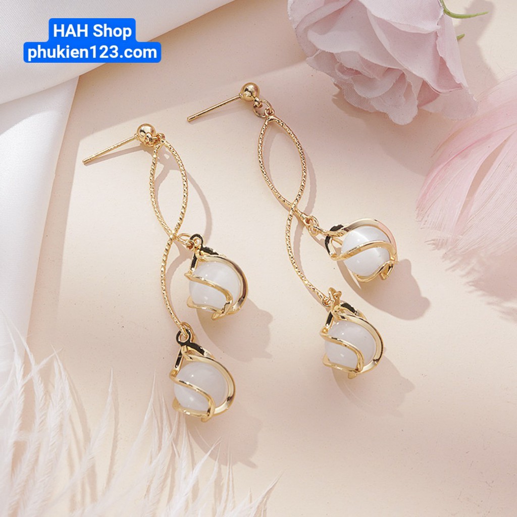 Bông tai nữ 2 quả cầu Pha lê dáng dài dễ thương, xinh xắn phong cách Hàn Quốc