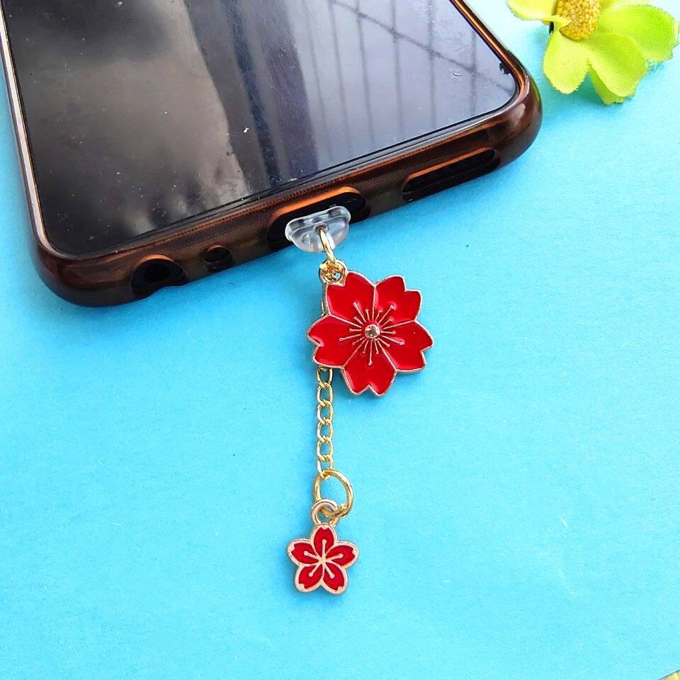 Dây Trang Trí Gắn Lỗ Cắm Sạc Điện Thoại Lỗ Cắm Chống Bụi Hình Hoa Anh Đào Màu Trắng Đen Dành Cho Nam Và Nữ