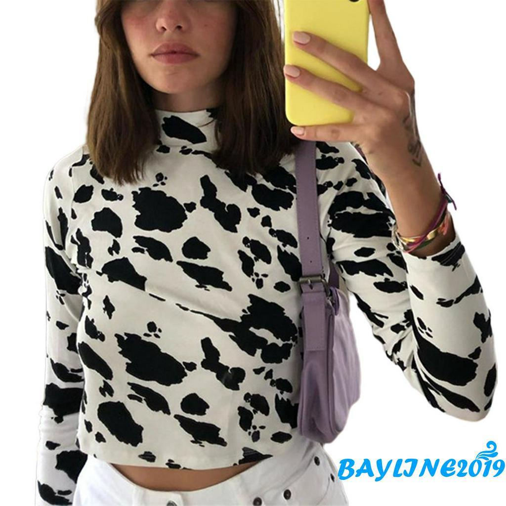Áo croptop tay dài cổ cao họa tiết da bò thời trang hè gợi cảm cho nữ