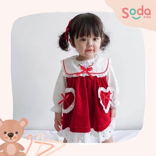 Set váy nhung đỏ cổ nơ bé gái