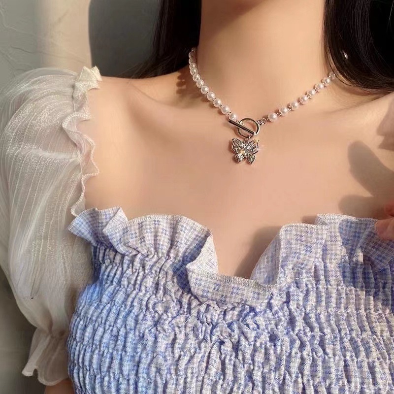 Vòng cổ Hợp Kim Mặt Hình Bướm Đính Ngọc Trai Nhân Tạo Thời Trang